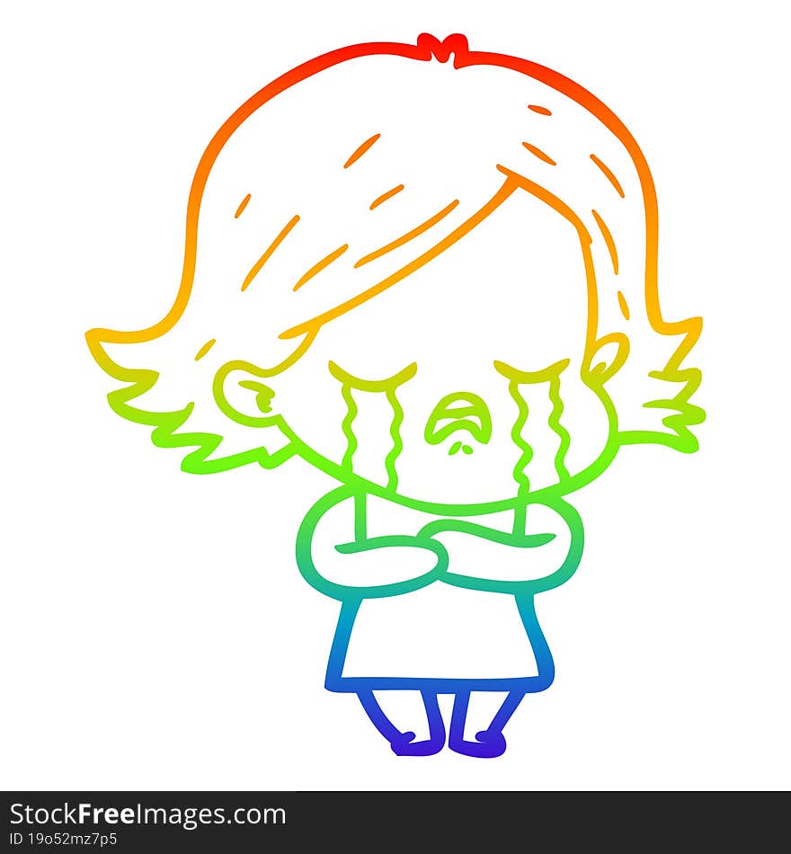 rainbow gradient line drawing of a cartoon girl crying