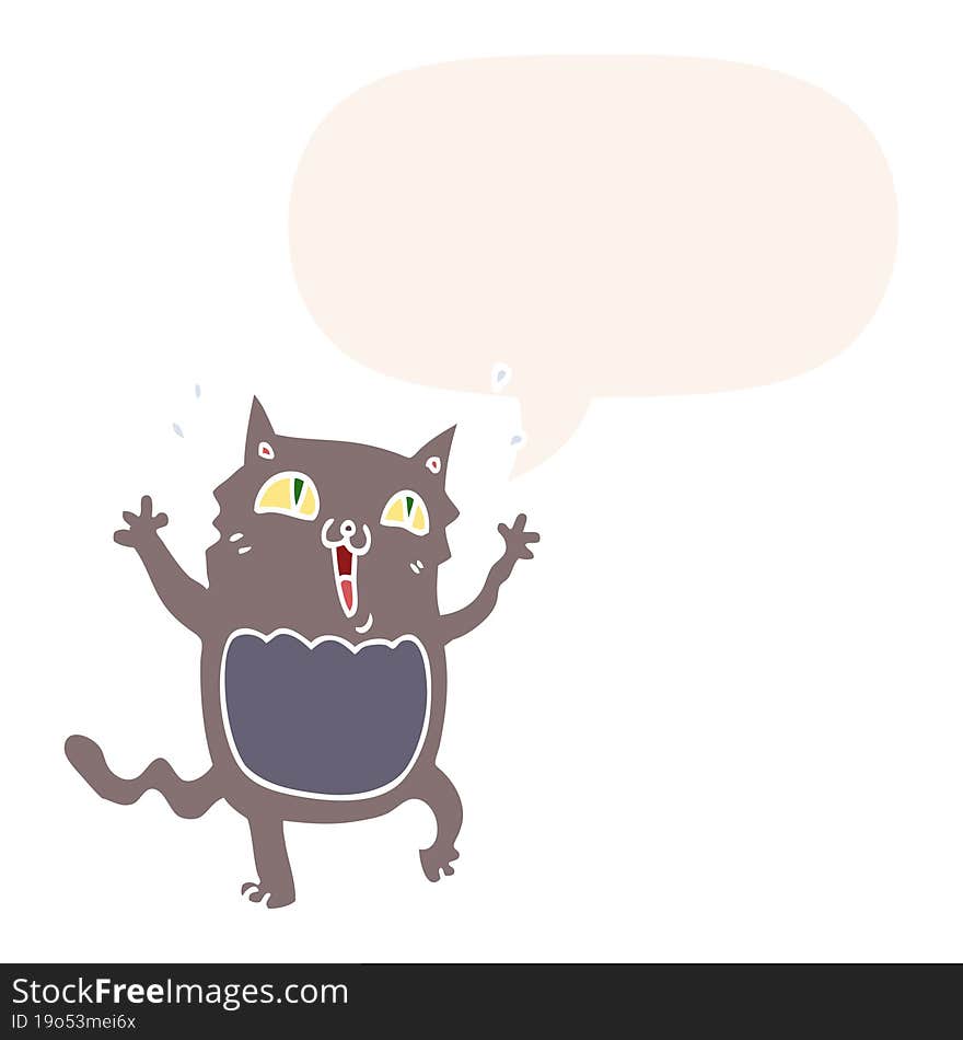 cartoon crazy excited cat with speech bubble in retro style