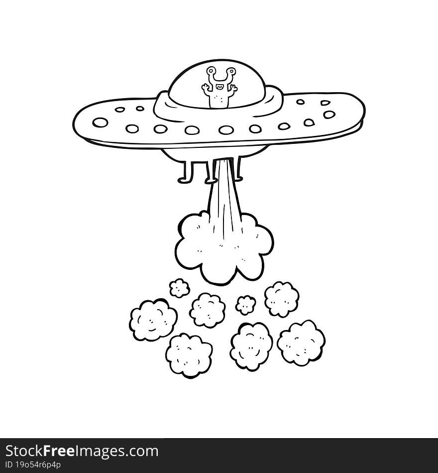 freehand drawn black and white cartoon flying saucer