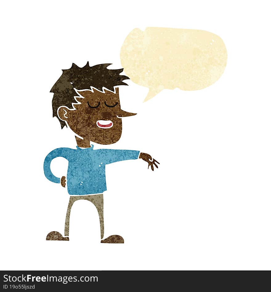 cartoon man making dismissive gesture with thought bubble