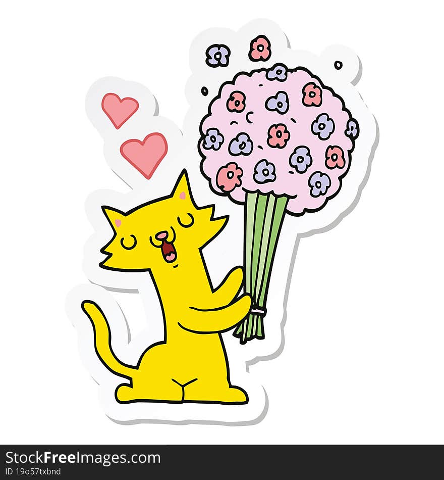 sticker of a cartoon cat in love with flowers