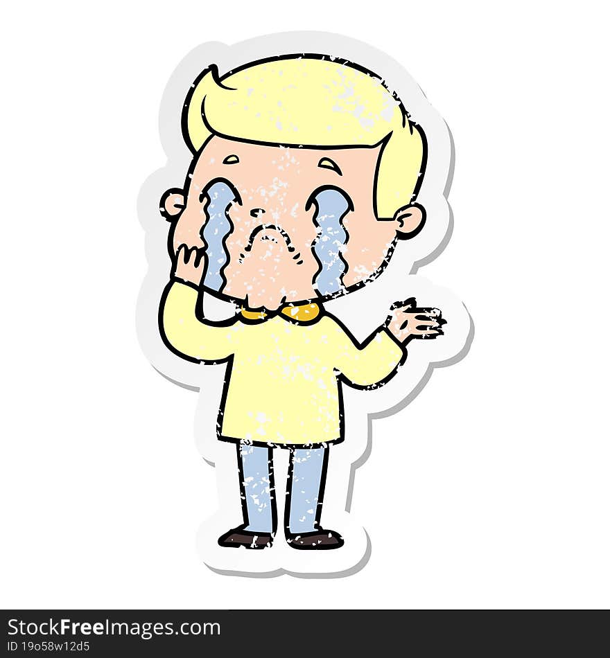 distressed sticker of a cartoon man crying