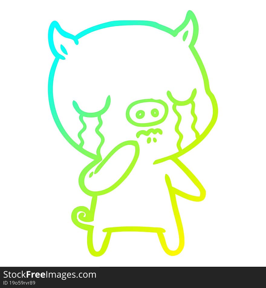 cold gradient line drawing of a cartoon pig crying