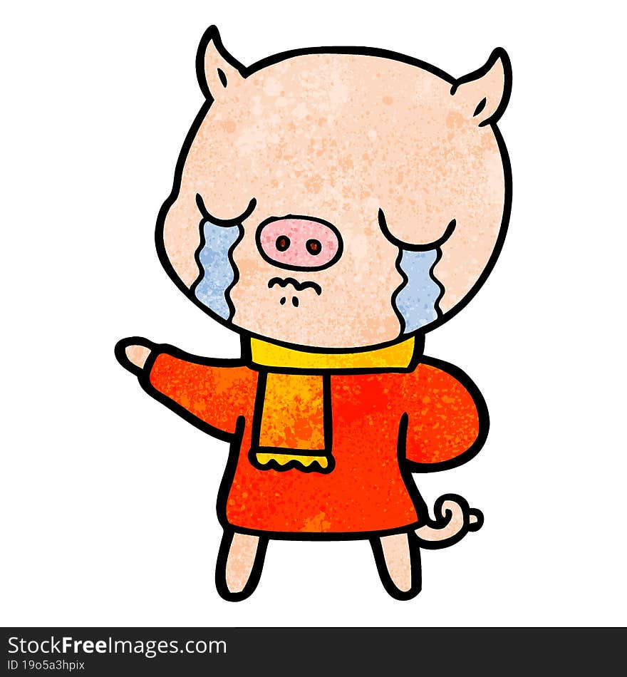 cartoon crying pig wearing scarf. cartoon crying pig wearing scarf