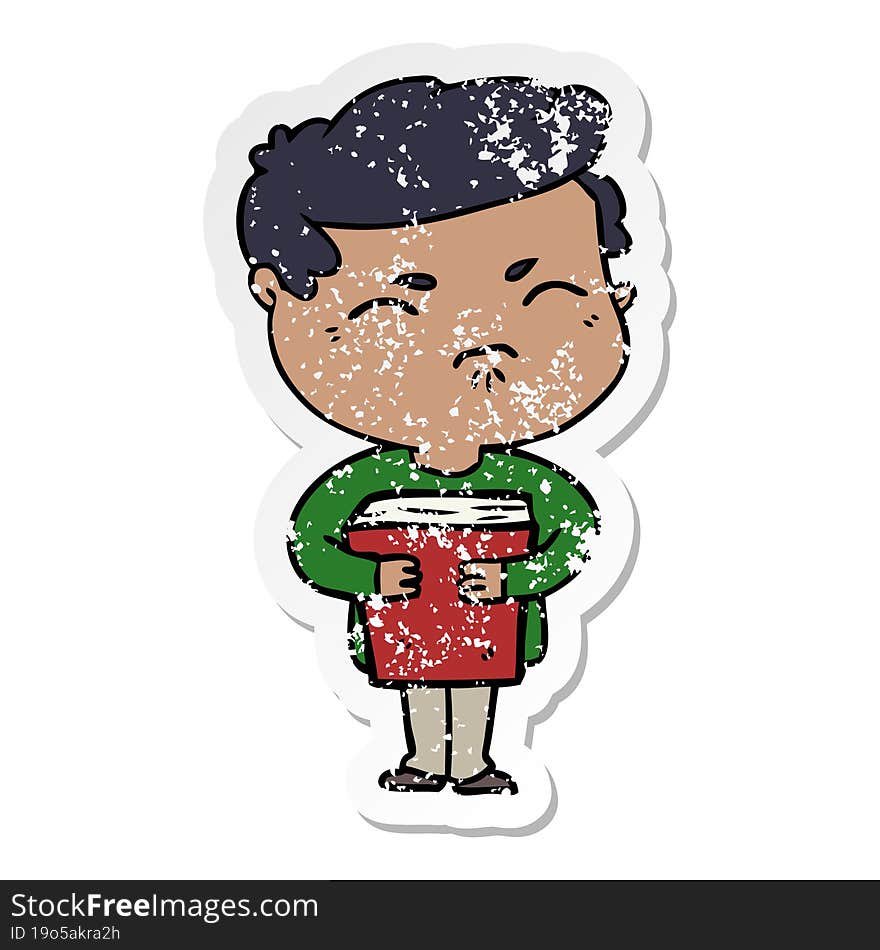 distressed sticker of a cartoon annoyed man with book