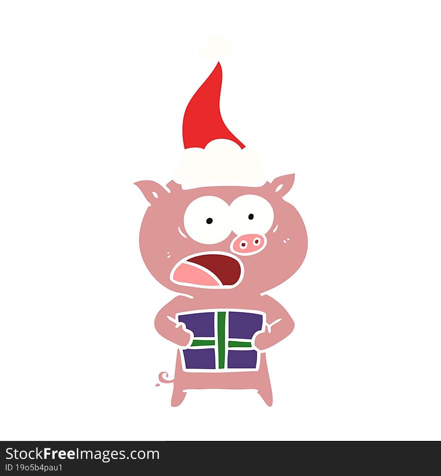 hand drawn flat color illustration of a pig with christmas present wearing santa hat