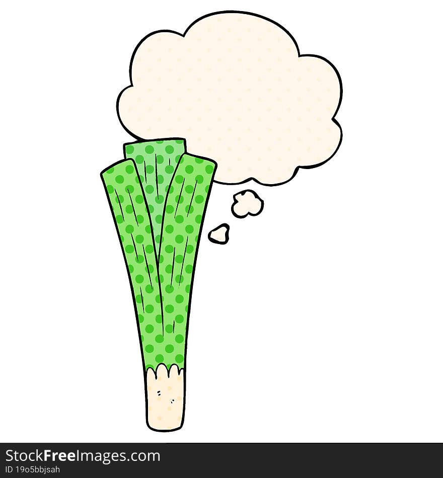 cartoon leek with thought bubble in comic book style