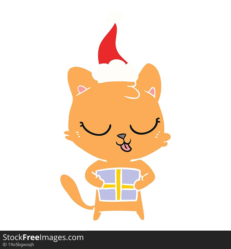 cute flat color illustration of a cat wearing santa hat