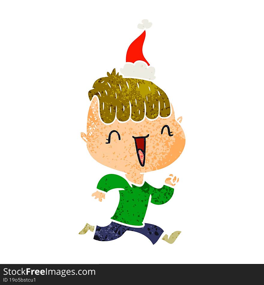 retro cartoon of a happy boy surprised wearing santa hat