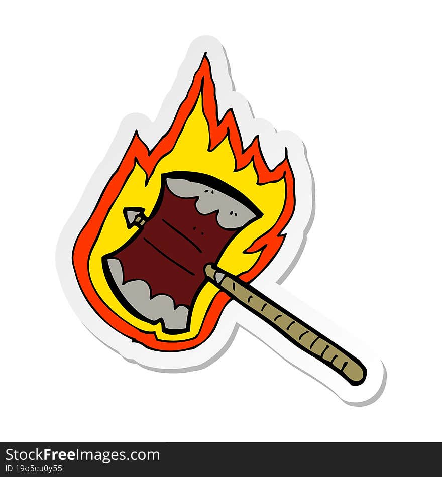 sticker of a cartoon flaming axe