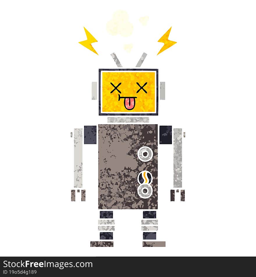 retro illustration style cartoon of a malfunctioning robot