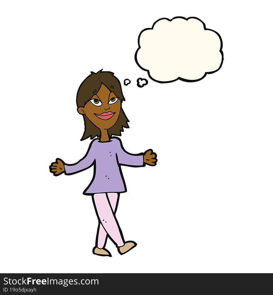 cartoon woman with no worries with thought bubble