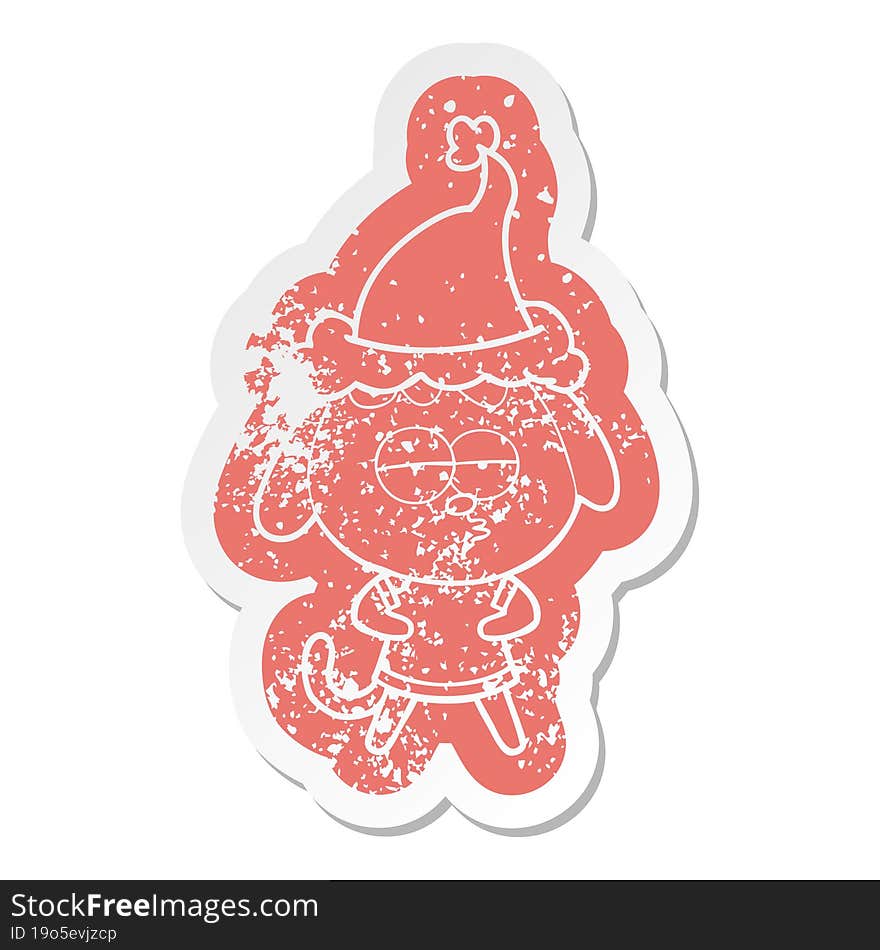 Cartoon Distressed Sticker Of A Bored Dog Wearing Santa Hat