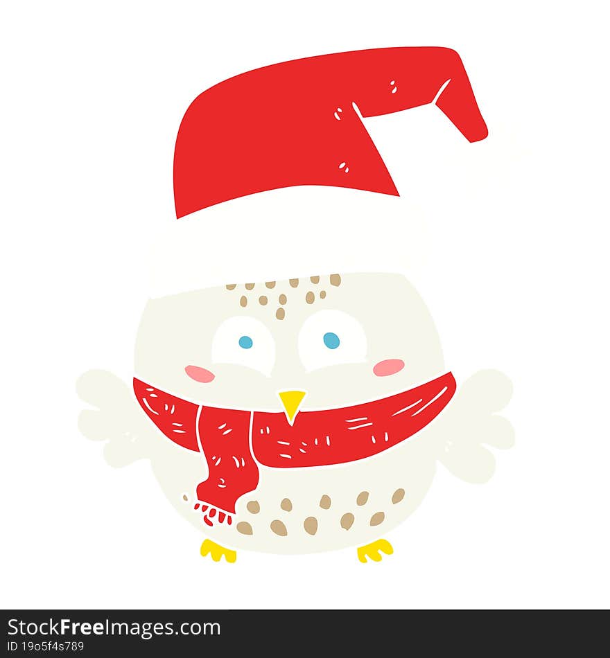 flat color illustration of a cartoon cute christmas owl