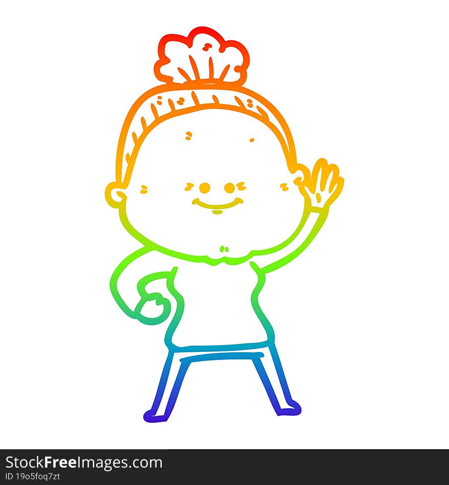 rainbow gradient line drawing of a cartoon happy old woman