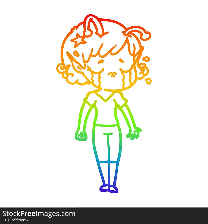 rainbow gradient line drawing of a cartoon crying alien girl