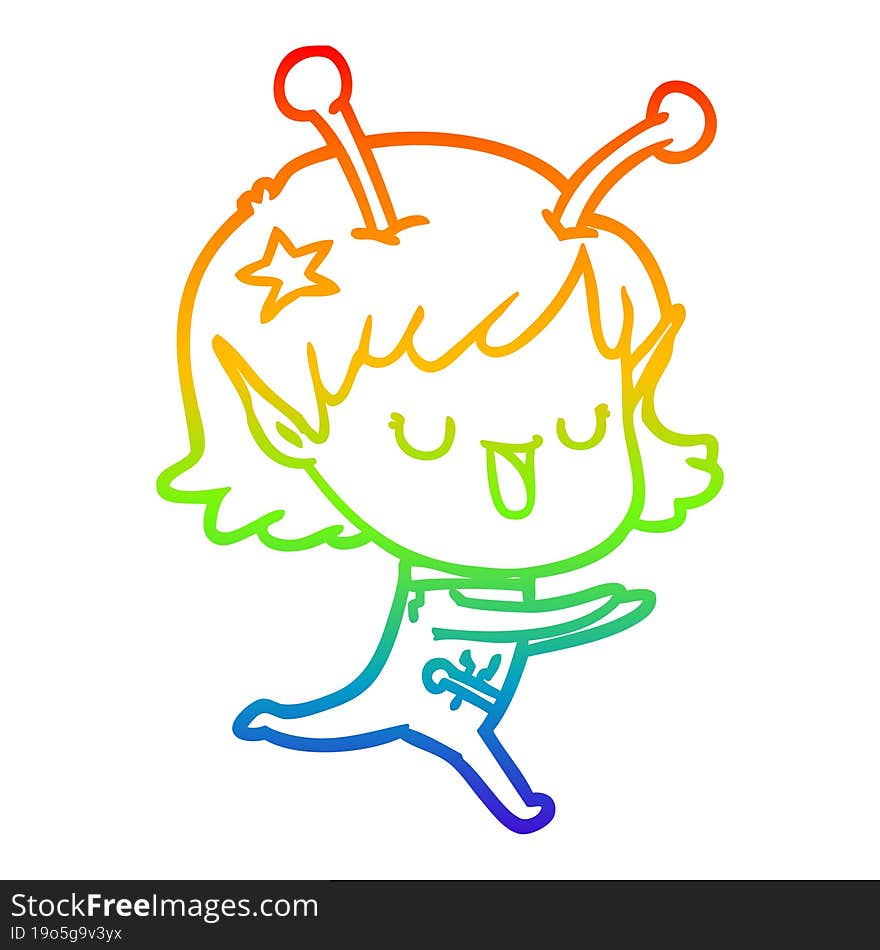 rainbow gradient line drawing happy alien girl cartoon