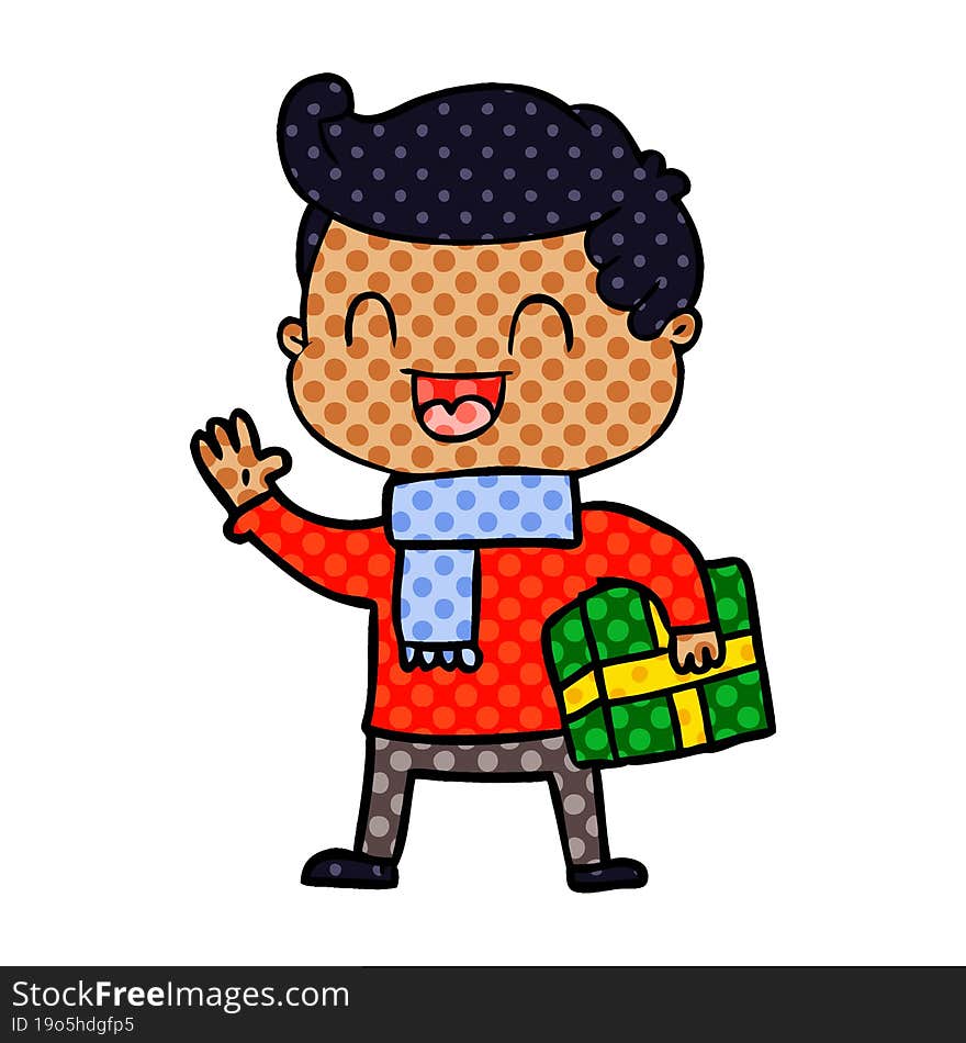 cartoon laughing man holding gift. cartoon laughing man holding gift