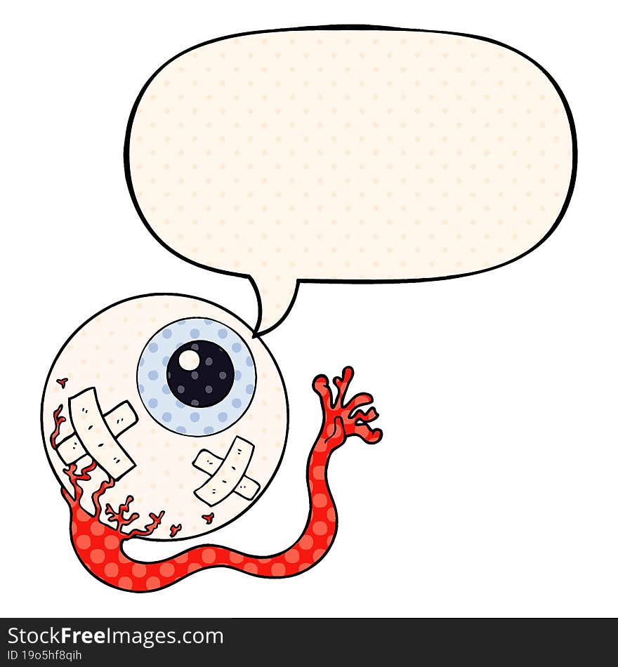 cartoon injured eyeball with speech bubble in comic book style