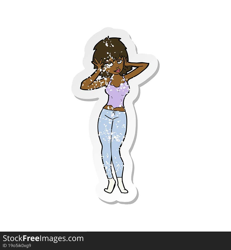 retro distressed sticker of a cartoon pretty woman