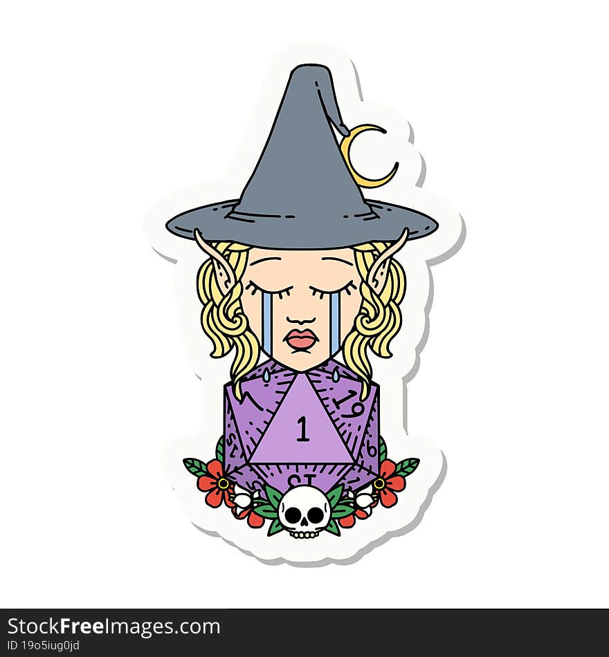 crying elf witch with natural one D20 roll sticker