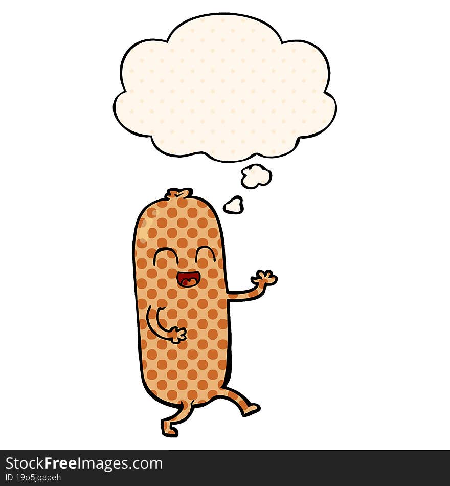 cartoon dancing sausage and thought bubble in comic book style