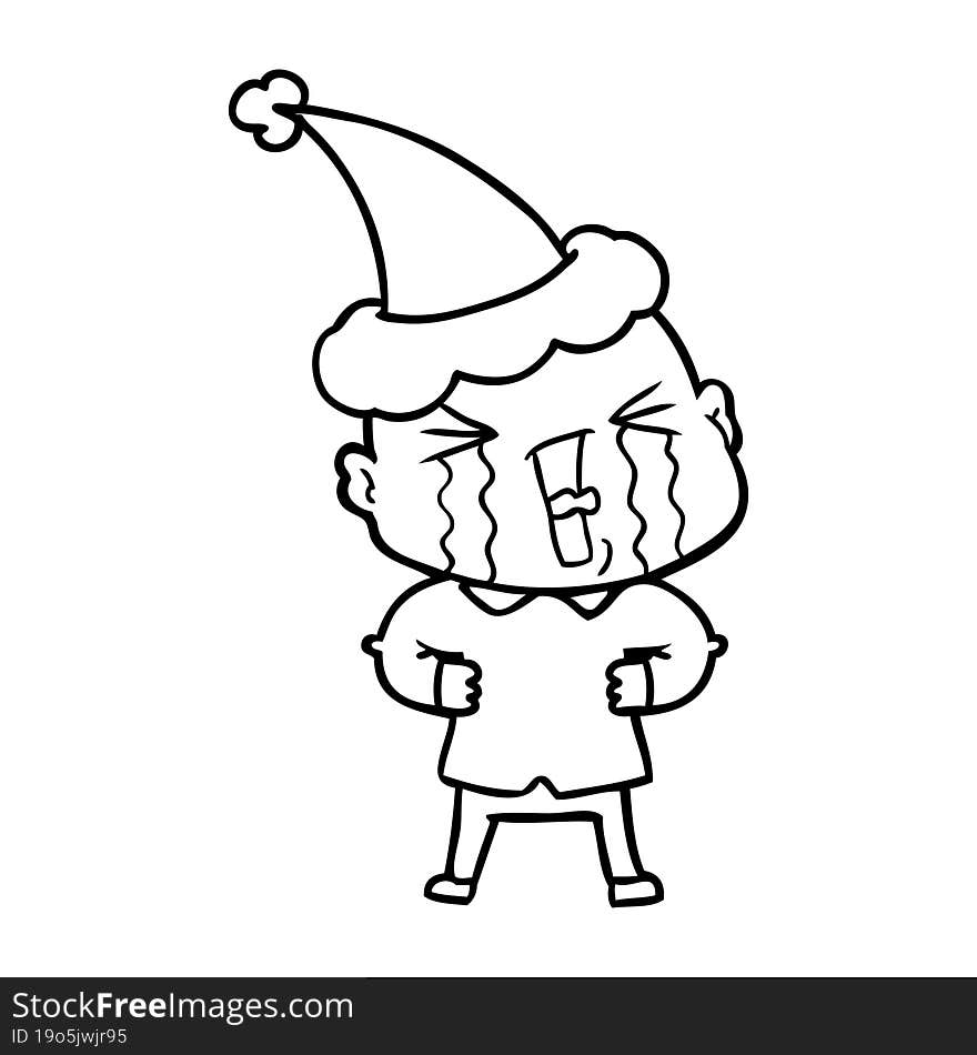 line drawing of a crying bald man wearing santa hat