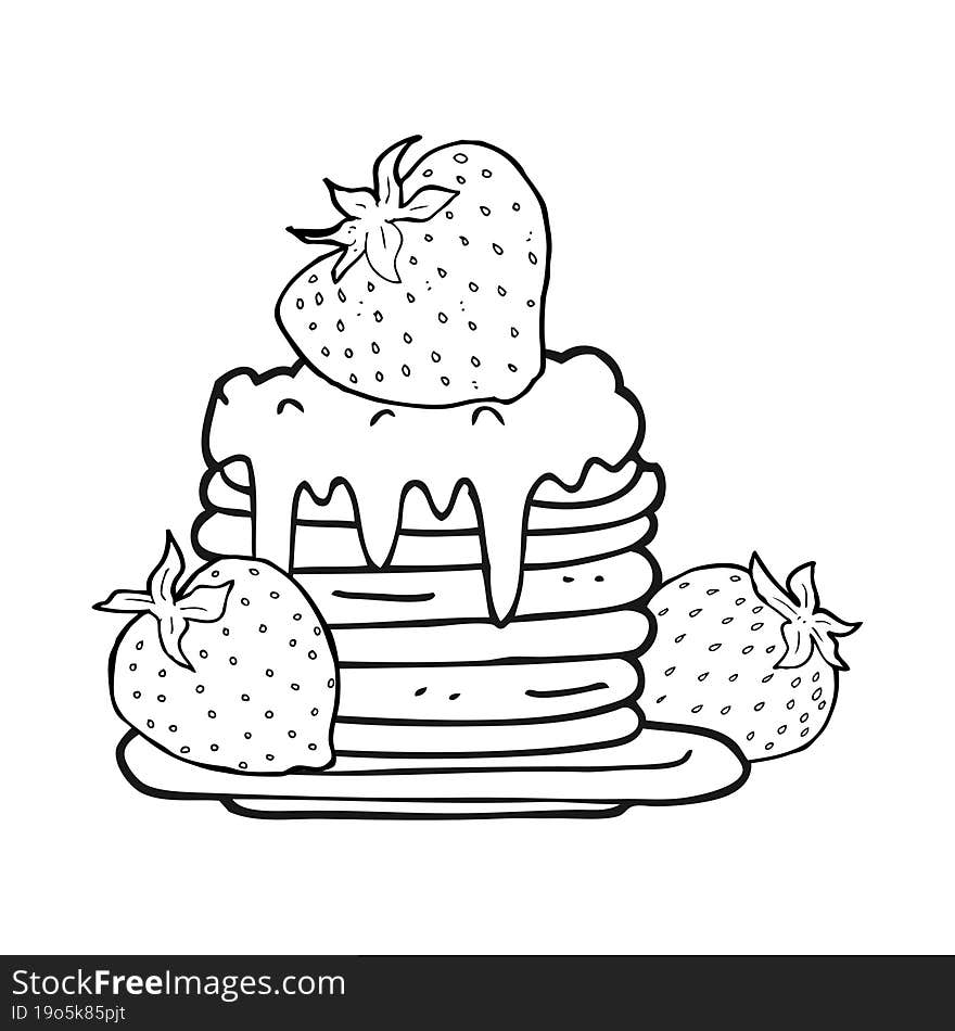 black and white cartoon pancake stack with strawberries