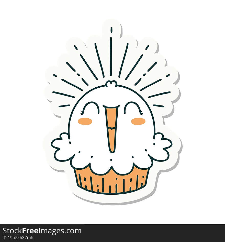 sticker of a tattoo style happy singing cupcake