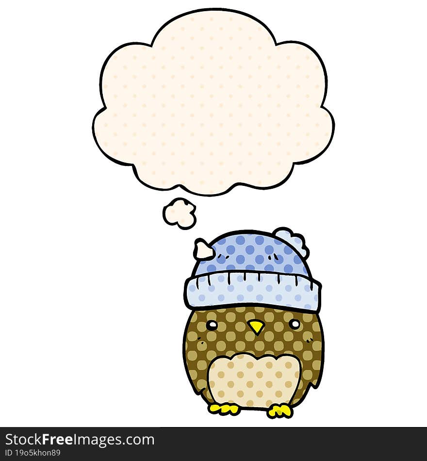 cute cartoon owl in hat and thought bubble in comic book style