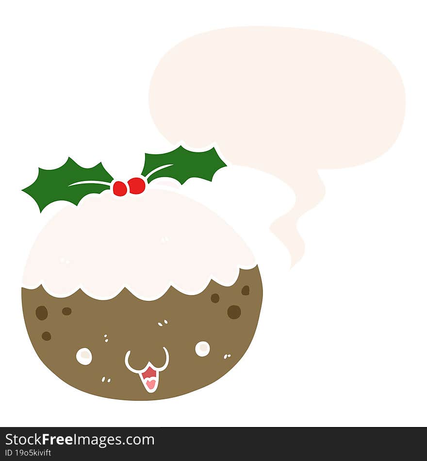 cute cartoon christmas pudding and speech bubble in retro style