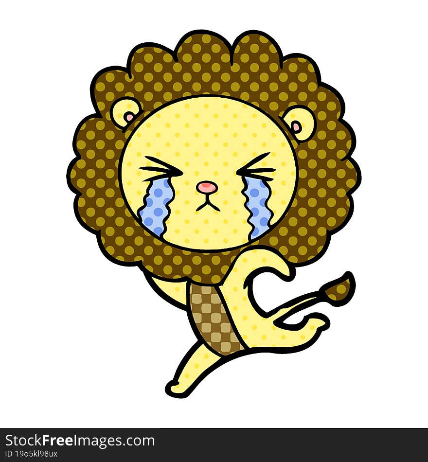 cartoon crying lion running away. cartoon crying lion running away