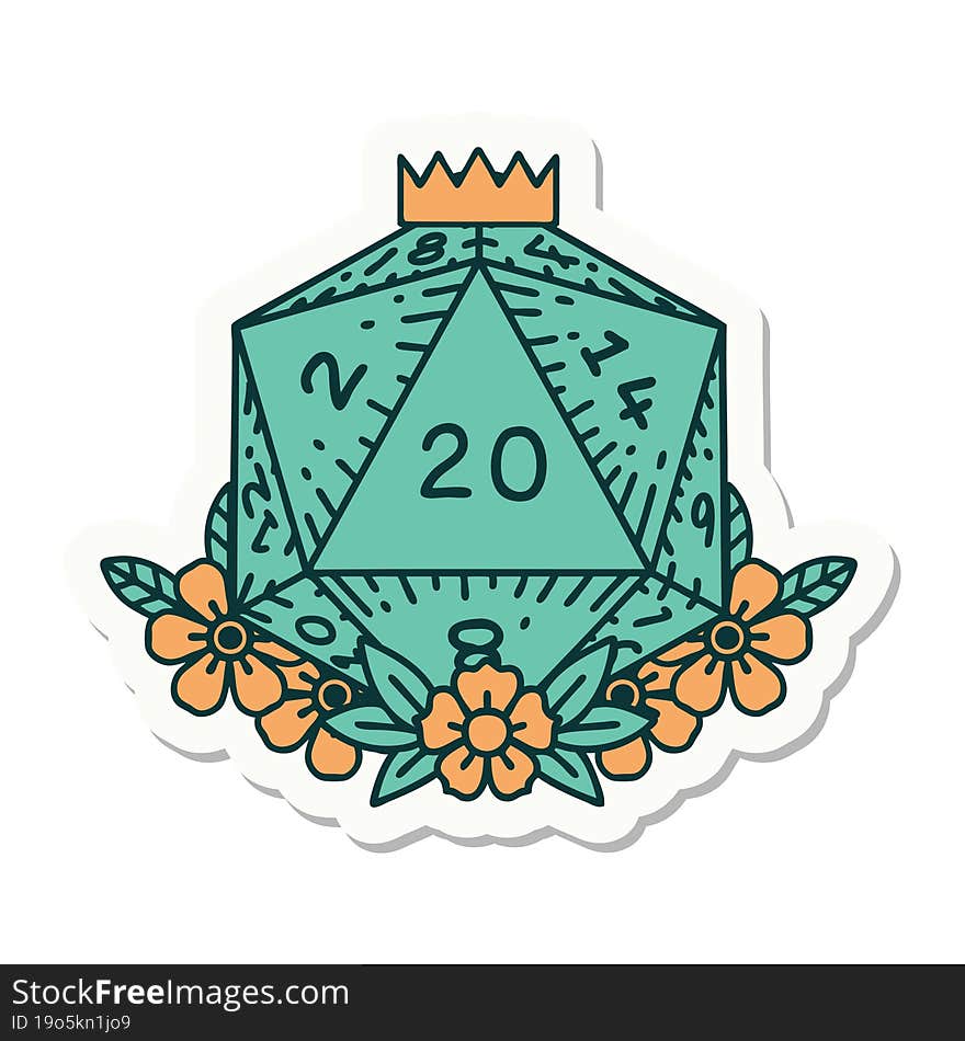 sticker of a natural 20 D20 dice roll with floral elements. sticker of a natural 20 D20 dice roll with floral elements