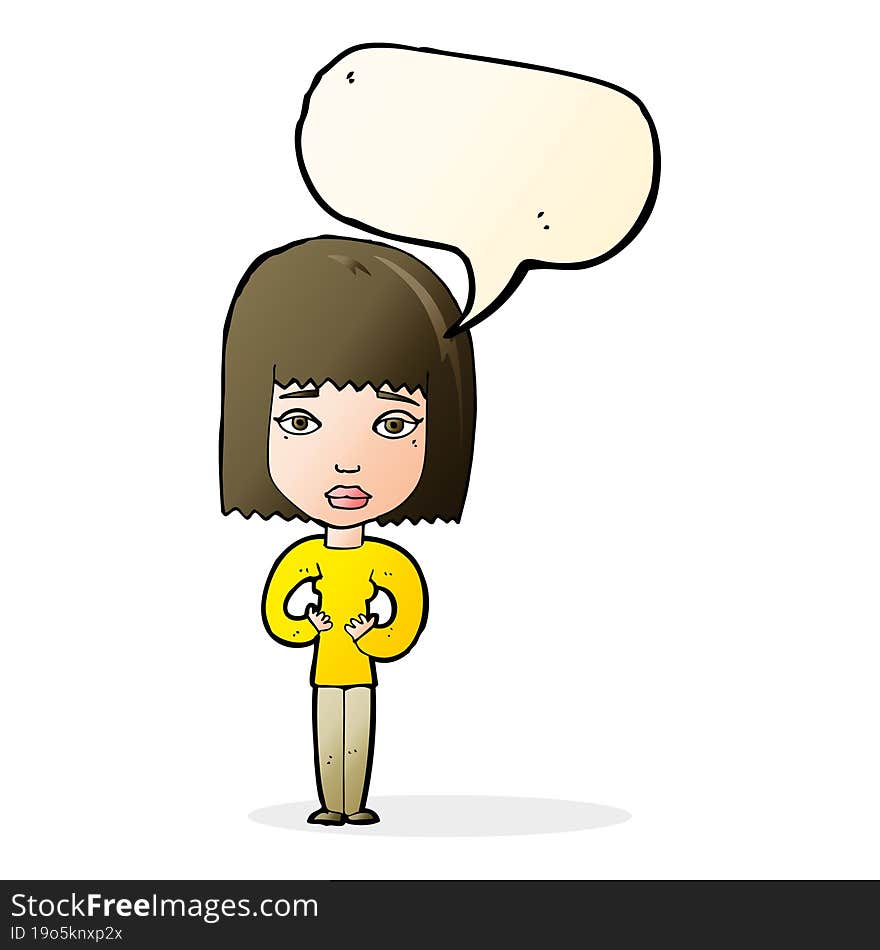 cartoon woman indicating self with speech bubble