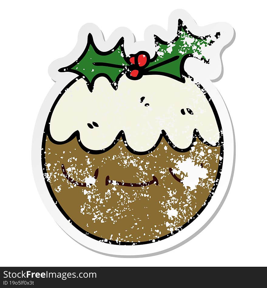 distressed sticker of a quirky hand drawn cartoon christmas pudding