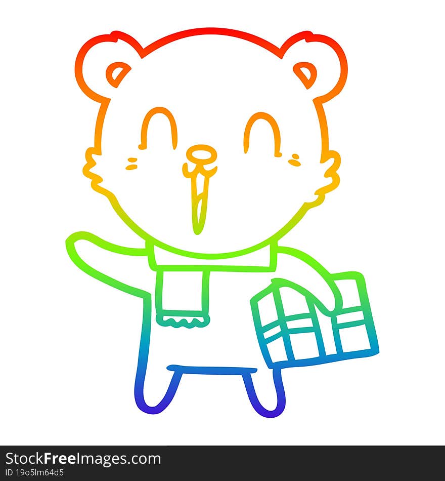 rainbow gradient line drawing happy cartoon bear with gift