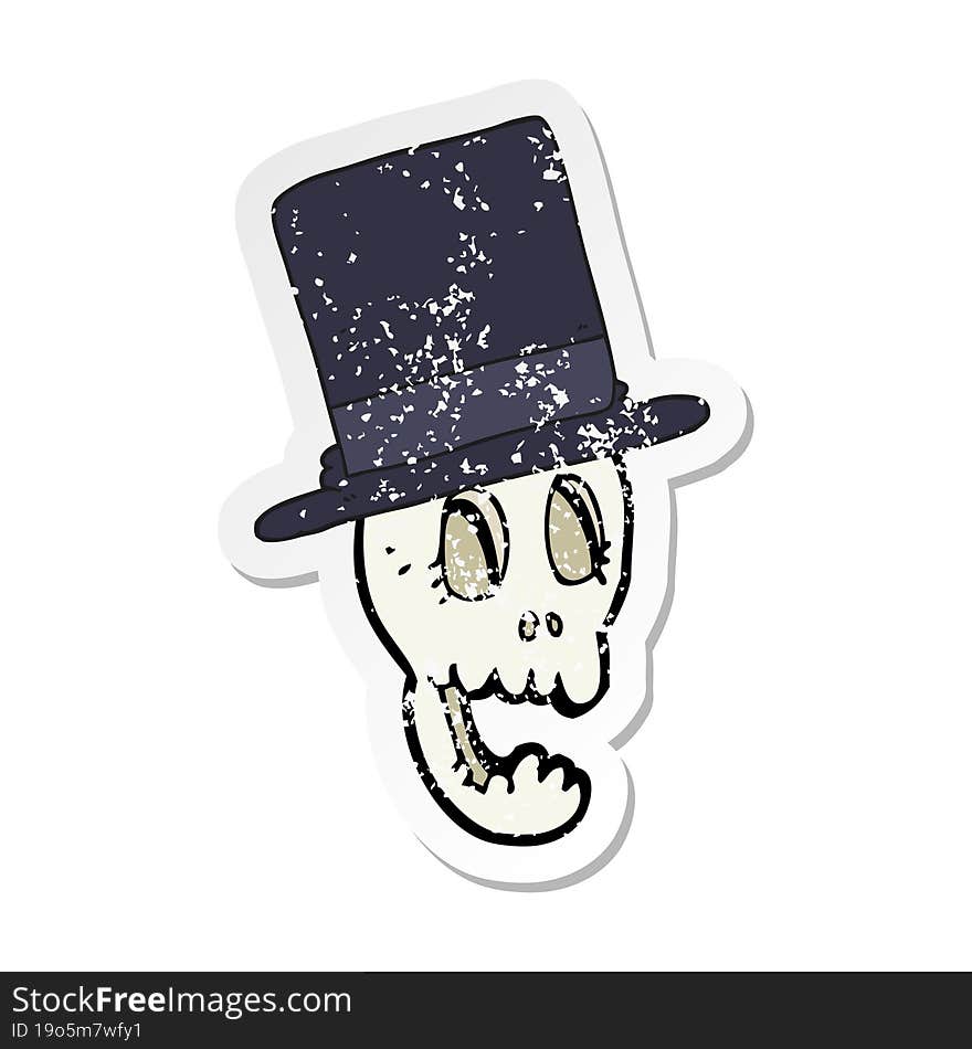 retro distressed sticker of a cartoon skull wearing top hat