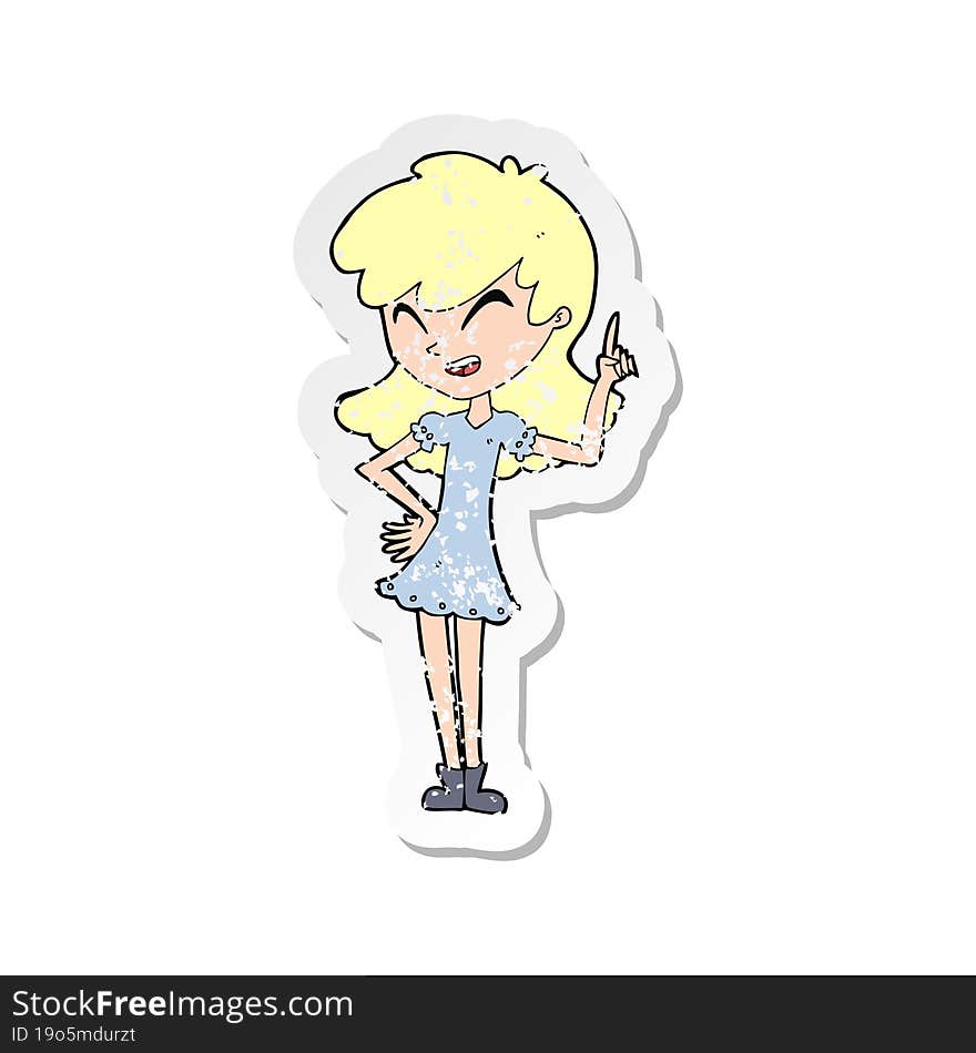 retro distressed sticker of a cartoon girl making point