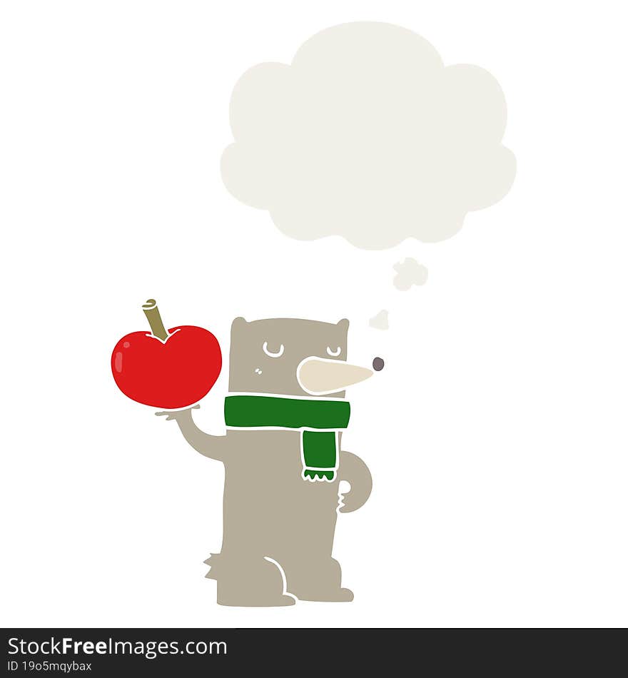 cartoon bear with apple and thought bubble in retro style