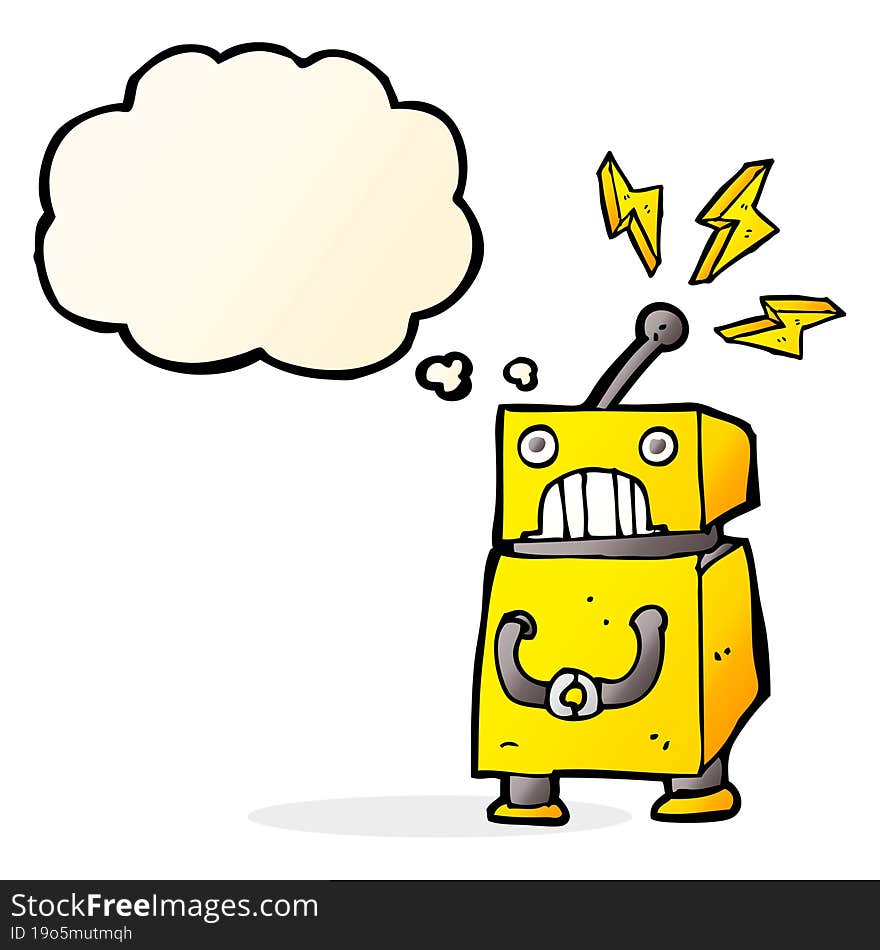 cartoon little robot with thought bubble