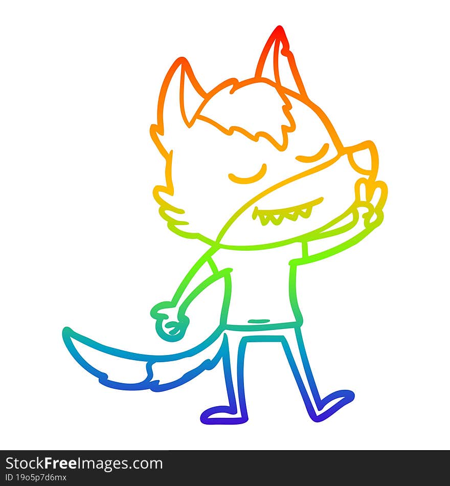 rainbow gradient line drawing friendly cartoon wolf making peace sign