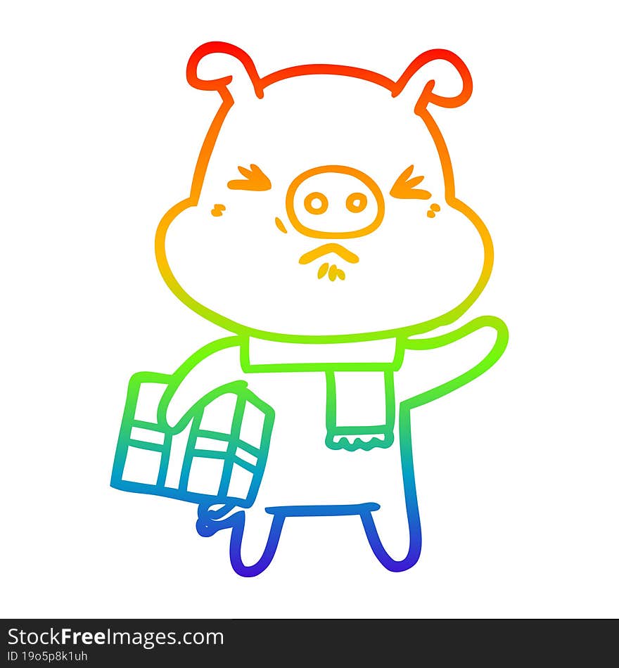 rainbow gradient line drawing of a cartoon angry pig with christmas present