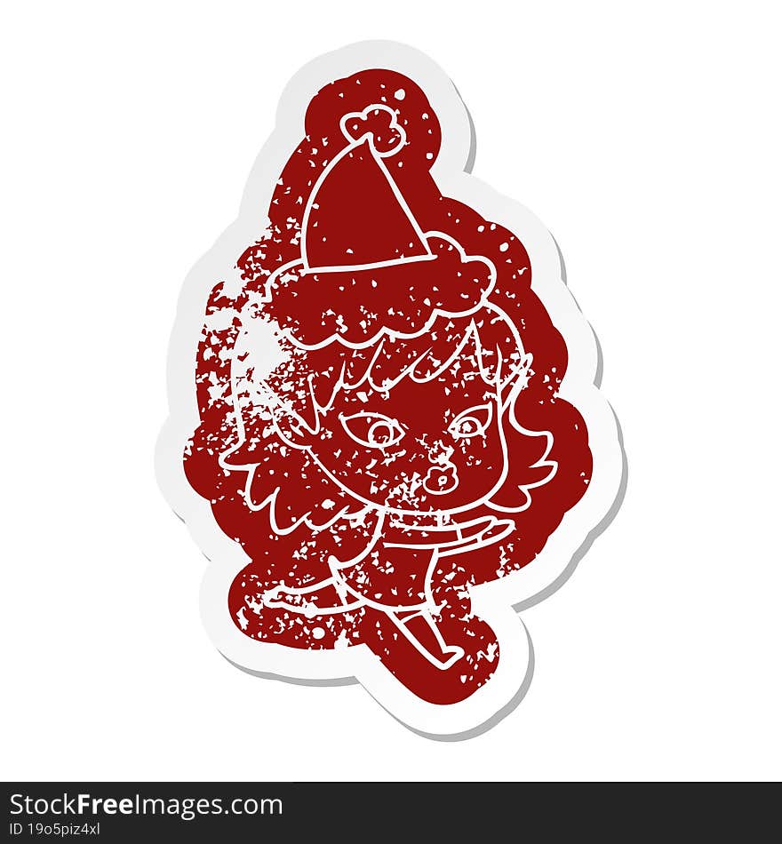 Pretty Cartoon Distressed Sticker Of A Elf Girl Wearing Santa Hat