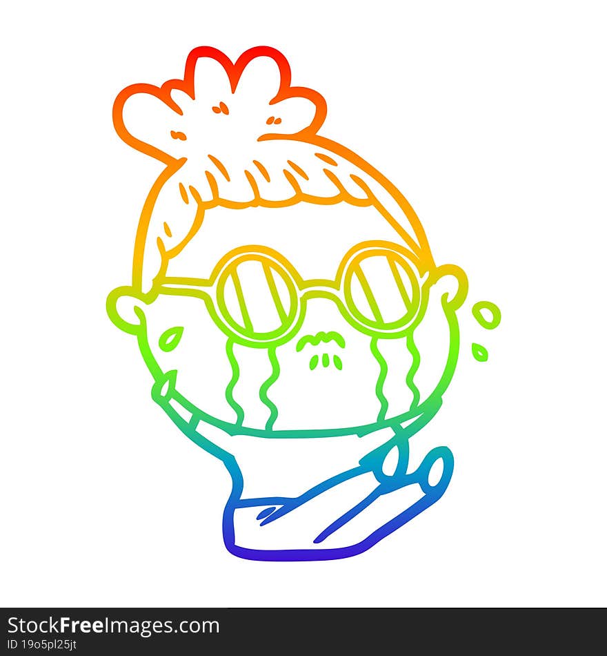 rainbow gradient line drawing cartoon crying woman wearing spectacles