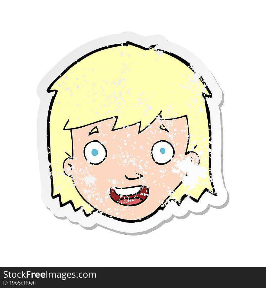 retro distressed sticker of a cartoon happy female face