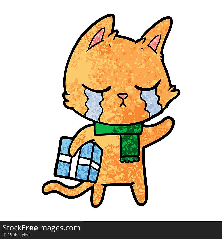 crying cartoon cat holding christmas present. crying cartoon cat holding christmas present