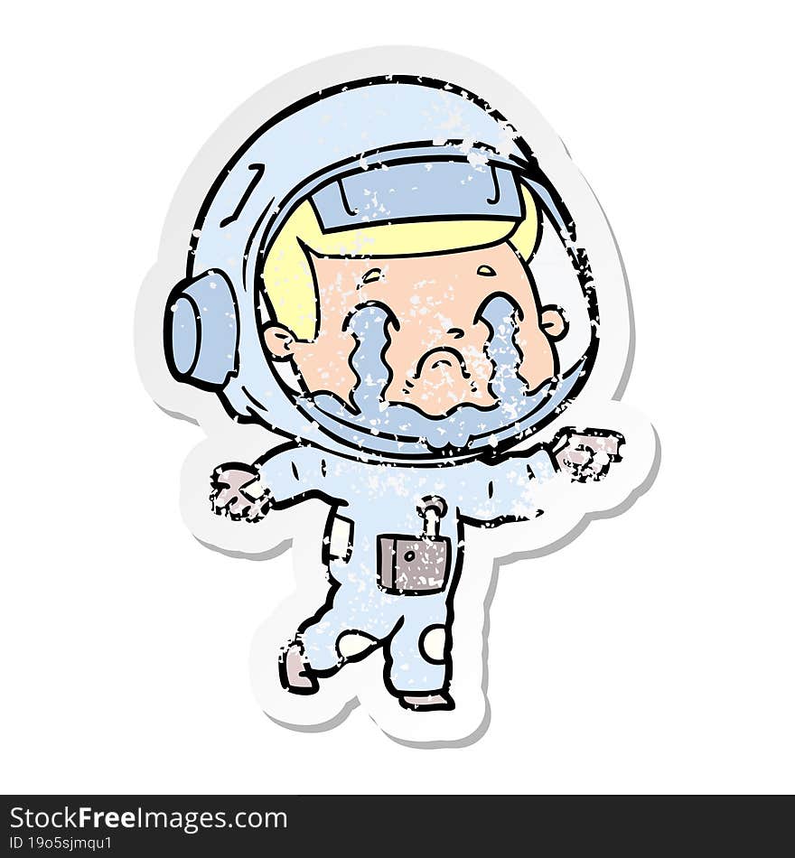 distressed sticker of a cartoon crying astronaut