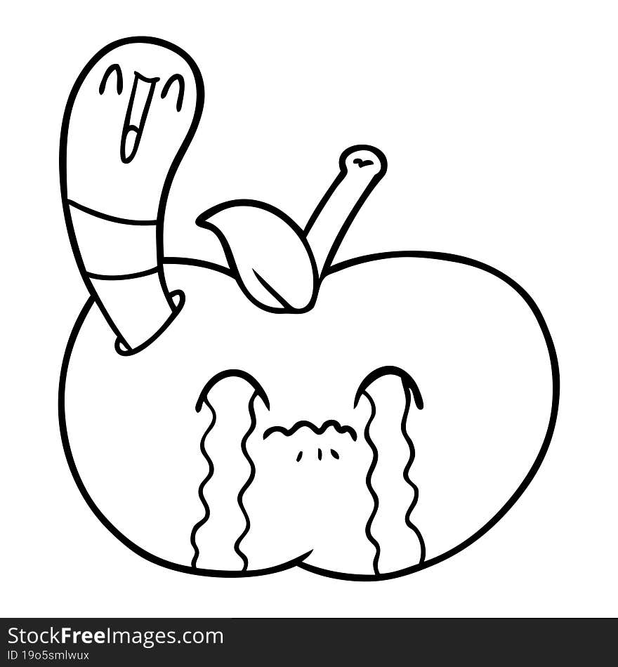 cartoon worm eating an apple. cartoon worm eating an apple