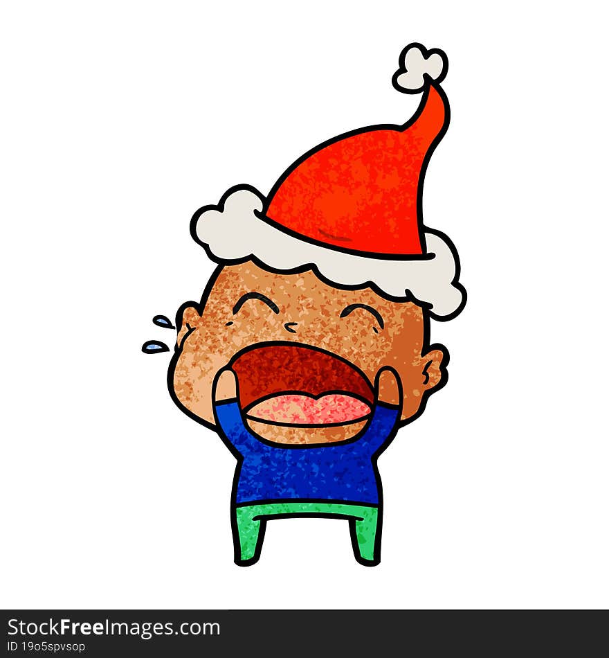 textured cartoon of a shouting bald man wearing santa hat