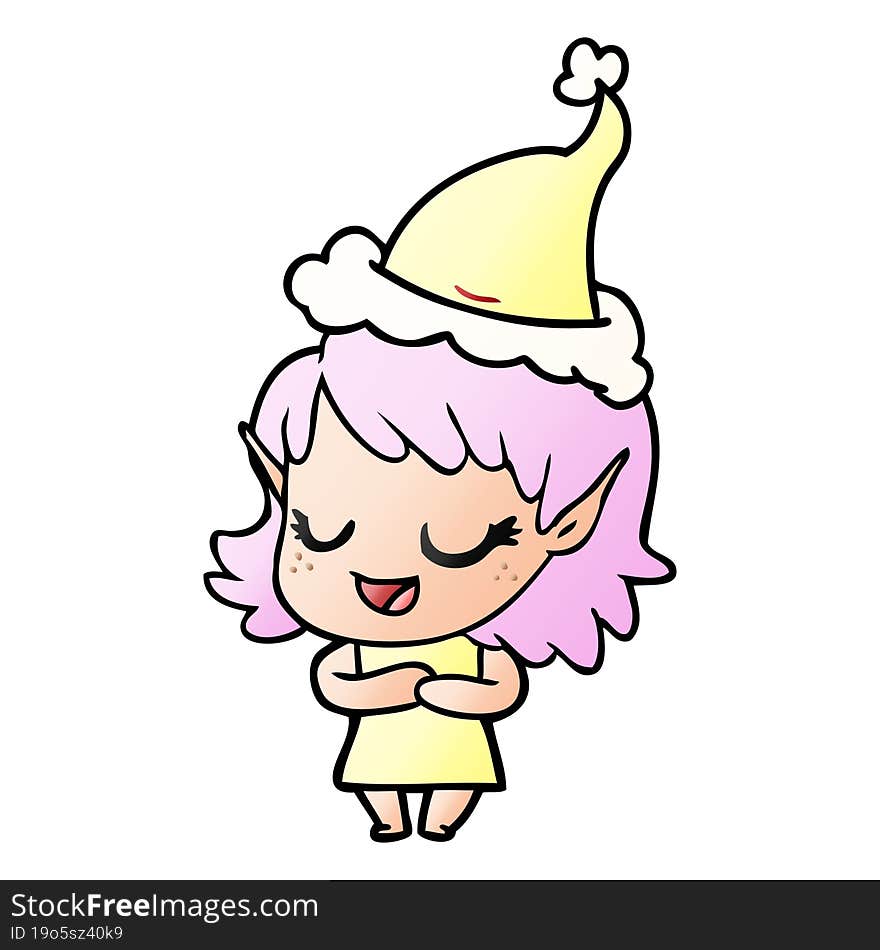 happy gradient cartoon of a elf girl wearing santa hat